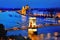 Panorama of Budapest, Hungary, with Danube river, Chain Bridge and the Parliament at blue hour