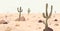 Panorama of calm plain desert land with cactuses on dry sand. Panoramic view of south nature landscape with southern