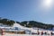 PANORAMA, CANADA - MARCH 21, 2019: Mountain Resort view early spring people skiing
