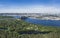 Panorama of the capital of Ukraine city Kyiv view from Trukhaniv island to Podil. Construction of new bridge