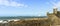 Panorama of Castle of the Cheese and surf at rocky Atlantic ocean coast in Porto, Portugal.