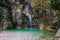 Panorama of Cathedral Waterfall, Katedrala, near River Koritnica in Triglav National Park. Log pod Mangartom, Bovec, Slovenia.