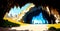 Panorama of a cave dungeon hidden inside a mountain, sunlight breaks through den Generative AI