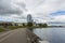 Panorama the central part of the city of Minsk Nemiga. Bicycle path and river swiss