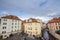 Panorama of the Certovka river and Na Kampe Bridge, in Mala Strana district, in the old town of Prague, a major touristic landmark