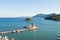 Panorama of Chalikiopoulou Lagoon and Pontikonisi and Vlacheraina monastery on the island of Corfu, Greece.