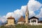 Panorama of Church, Sankt Georgen Kirche and Tower, Uhlenturm in Schenna. Scena, South Tyrol, Italy. Europe