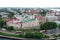 Panorama of the city with beautiful houses with multi-colored roofs from the tower of Olaf, the city of Vyborg, Russia. Top view