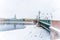 Panorama of the city, frozen Neva and view of the Kunstkamera in St. Petersburg, winter landscape