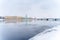 Panorama of the city, frozen Neva and view of the Kunstkamera in St. Petersburg, winter landscape