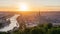 Panorama of the city of Rouen at sunset with the cathedral and the Seine