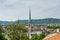 Panorama of city view of old downtown of Zurich, with Predigerkirche, one of the four main churches of the old town of Zurich,