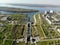 Panorama of the city of Volgograd. A cargo ship-tanker loaded with oil passes through the first lock of the Volga-Don Shipping