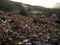 Panorama cityscape of colorful brick houses in Comuna 13 San Javier neighborhood poverty slum in Medellin Colombia