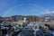 Panorama Cityscape view of the Otaru city during clear blue sky morning and rainbow during winter season, in Otaru, Hokkaido,