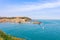 Panorama of Collioure harbour, Languedoc-Roussillon, France, South Europe. Ancient town with old castle on Vermillion coast of