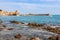 Panorama of Collioure harbour, Languedoc-Roussillon, France, South Europe. Ancient town with old castle on Vermillion coast of