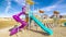 Panorama Colorful blue and purple slides in kids playground