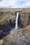 Panorama of colorful gorge with four waterfalls Haifoss, the fourth highest waterfall(122m) of the island, and Granni. The