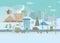 Panorama. Colorful hand-drawn of winter city life