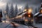 Panorama of a Colorful Motorized Train Passing through a Forested Town at the Foot of Snow Covered Mountains. AI generated