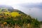 Panorama on Columbia River in Columbia Gorge in fog