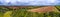 Panorama of Compton Castle from a drone, Devon, England