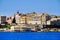 Panorama Corfu town from the sea. Old town buildings in Corfu