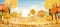 Panorama of Countryside landscape in autumn, Vector illustration of horizontal banner of Autumn landscape, barn, mountains and