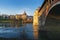 Panorama of covered bridge and Pavia cathedral at sunny day