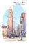 Panorama of the Custom House Tower. Painted sketch isolated on white background. EPS10 vector illustration.