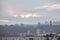 Panorama of Czech brutalist buildings, called Panelaky, in the suburbs of Brno, Czechia, with old industrial buildings