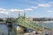 Panorama of Danube and Liberty Bridge or Freedom Bridge in Budapest, Hungary, connects Buda and Pest across the River Danube