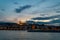 Panorama of the Danube river. View of Budapest. Old buildings of the Hungarian Parliament and medieval temples and buildings