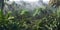 Panorama of dense jungle, wild forest with palm trees and tropical plants, generative AI