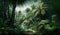 Panorama of dense jungle, wild forest with palm trees and tropical plants, generative AI