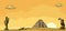 Panorama desert landscape with griffin, cactus, cloud, pyramid and sunset sky. Vector vintage engraving