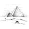 Panorama desert with pyramid and camel. Vector vintage hatching