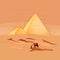 Panorama desert with pyramid and camel. Vector vintage hatching