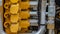 Panorama Details of a yellow construction machinery with close up on its engine