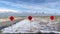 Panorama Diamond shaped traffic signs on road with Wasatch Mountains and Utah Lake view