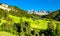 Panorama of the Dolomites with a chruch at Santa Maddalena in Italy