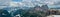 Panorama of Dolomites from Sass Pordoi, Italy. View of Sassolungo, Sassopiatto and Sella mountains