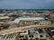 Panorama of downtown suburban area and aerial view with of roads in a leaving port on a river the Delaware with Philadelphia,