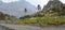 Panorama of dried canyon between fertile green valley and rugged cliffs. Santo Antao, Cabo Verde