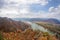 Panorama of Duernstein village with castle and Danube river during autumn in Austria