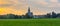 Panorama of dutch town of Thorn in Province Limburg by the sunset with dominant tower of St. Michael Abbey Church