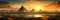 Panorama of Egyptian pyramids in ancient times at sunset, fantasy view