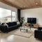 Panorama of elegant designed living room with window wall big television screen and wooden elements