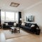 Panorama of elegant designed living room with window wall big television screen and wooden elements